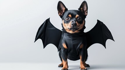 Small dog wearing a bat costume is posing on a white background for halloween