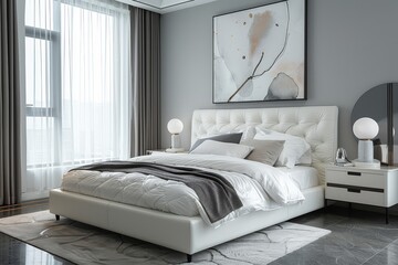 Modern bedroom with gray boxspring bed, black leather frame, framed photos above the headboard, cozy rug, and soft lighting.