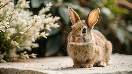 Fototapeta premium Cute Bunny Sitting on Stone with White Flowers in Background.