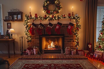 Festive fireplace with Christmas wreaths, stockings, and lights, adding warm glow and holiday spirit to an inviting home setting.