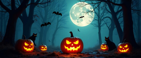 Halloween Night,Jack-o'-Lanterns, Bats and Black Cats