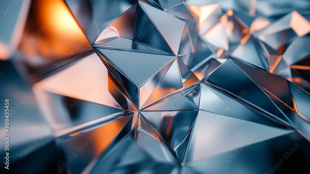 Poster abstract shiny geometric triangular surface with orange glowing reflections