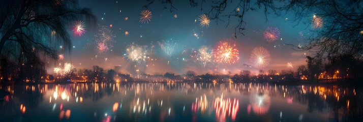 Colorful Fireworks Illustration Reflecting Over the Lake