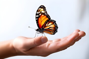 A person gently holding a vibrant monarch butterfly on their hand, showcasing nature's beauty and delicate wildlife interaction.
