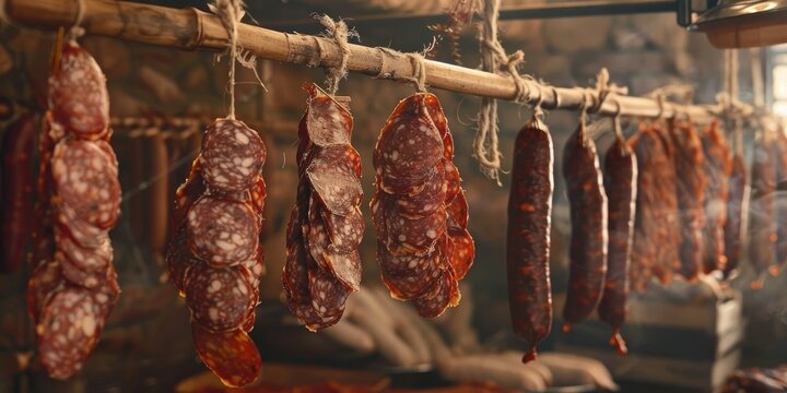 Sausages and Spanish chorizos hanging to dry in the traditional homemade curing room