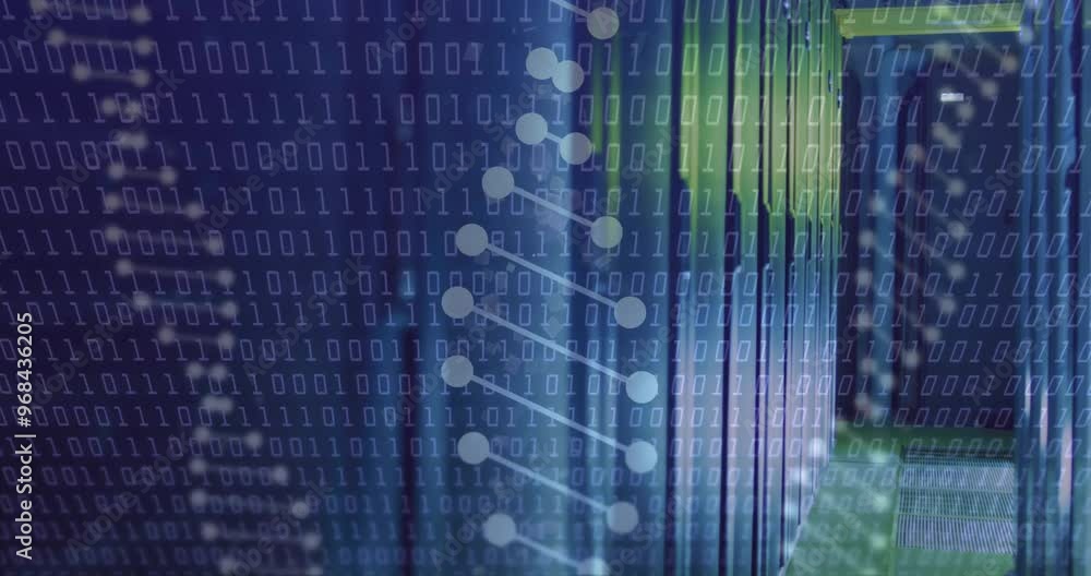Poster animation of dna strands and data processing over server room