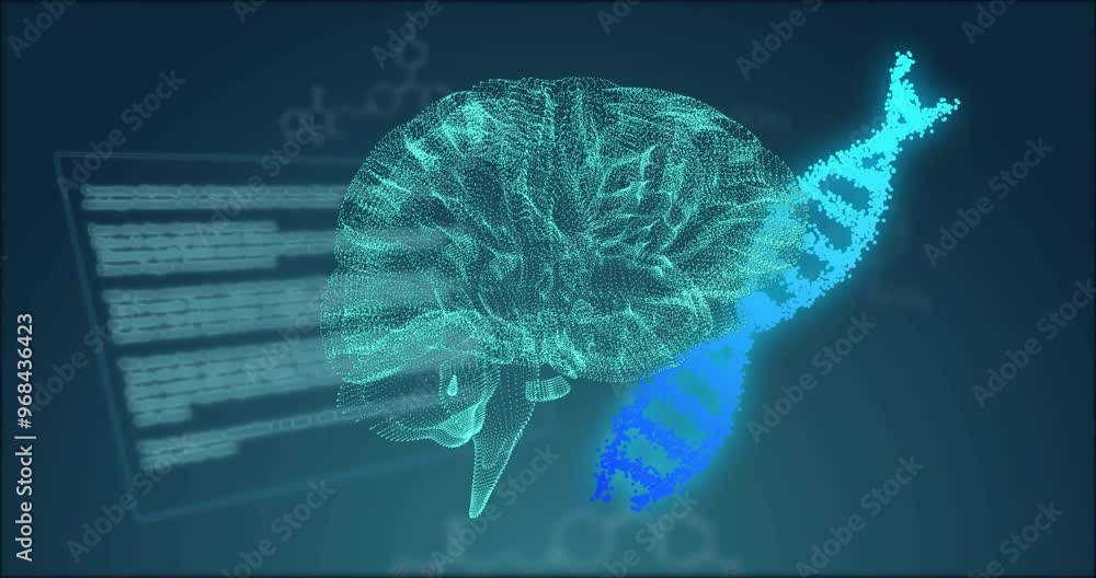 Poster animation of dna strand and brain over data processing and chemical formula on black background