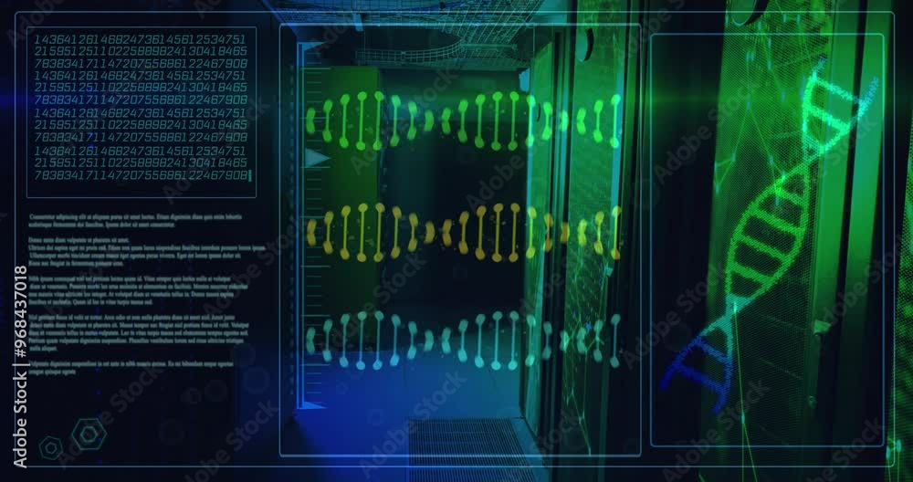 Poster animation of dna strands and data processing over server room