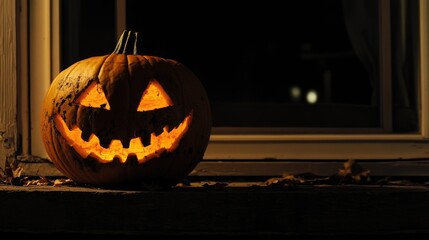 Fototapeta premium Halloween night scene with glowing jack-o'-lanterns and pumpkins in a spooky setting