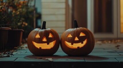 Halloween night scene with glowing jack-o'-lanterns and pumpkins in a spooky setting
