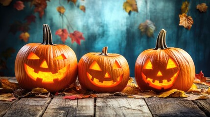 Obraz premium Halloween night scene with glowing jack-o'-lanterns and pumpkins in a spooky setting