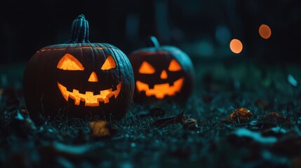 Fototapeta premium Halloween night scene with glowing jack-o'-lanterns and pumpkins in a spooky setting