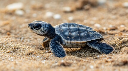 Obraz premium 6. A graceful sea turtle hatchling making its way across the sandy beach towards the ocean