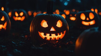 Halloween night scene with glowing jack-o'-lanterns and pumpkins in a spooky setting