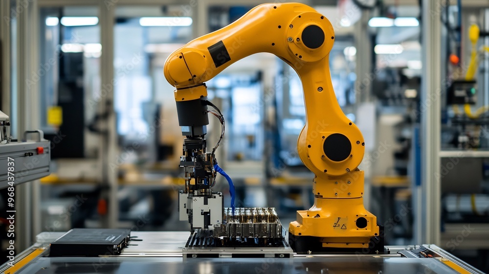 Poster yellow robotic arm working on an assembly line in a factory.