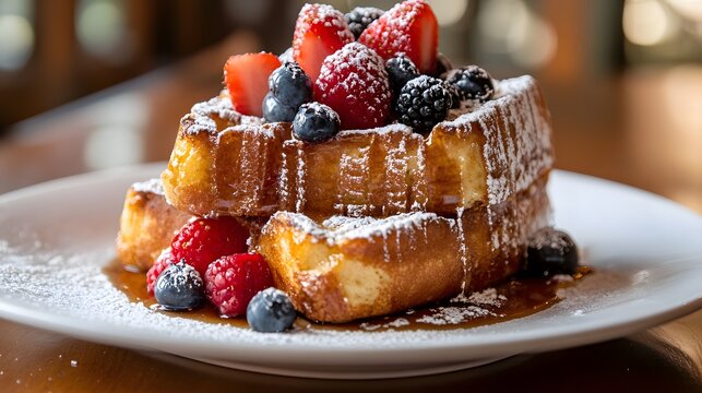 86. A slice of fluffy and buttery brioche French toast with fresh berries
