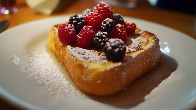 86. A slice of fluffy and buttery brioche French toast with fresh berries - Powered by Adobe