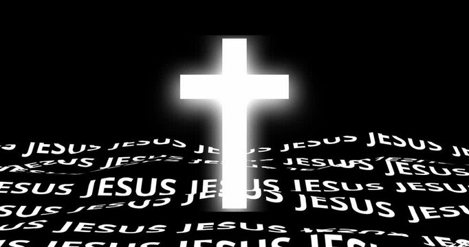 White cross on black background. wavy Jesus' name and beautiful light rays coming from the cross of Jesus. Salvation, truth and atonement from sins, Christianity and Holy Spirit 