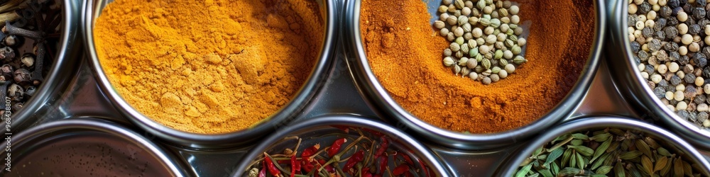 Poster assorted spices in round tin container