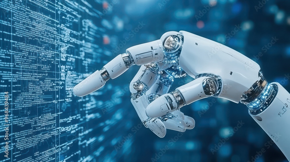 Poster robotic hand interacting with digital code on blue background