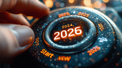 Close-up of start button marked 2026, symbolizing new beginnings and future planning