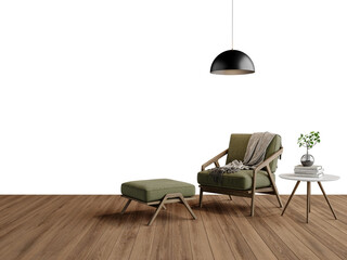Free PNG an armchair in a empty room with a plant and pendant light. Decorated home mockup with free space. 3d illustration, 3d rendering	
