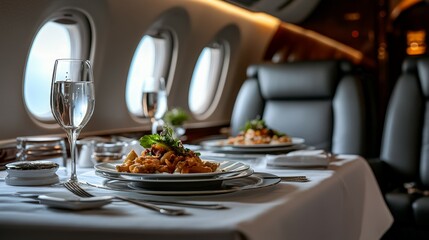 Elegant dining setup on a private jet with gourmet meals and fine dining ambiance.