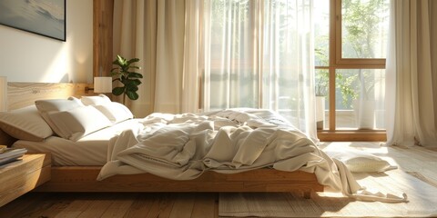 Contemporary living space featuring a wooden bed topped with a white blanket and cushions.
