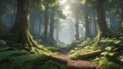 Misty morning sunlight filters through towering trees, casting dappled shadows on the moss-covered rocks beside a cascading waterfall in a secluded forest
