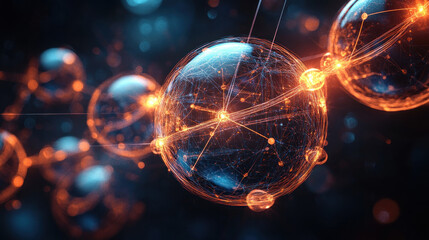 Futuristic concept of interlinked glowing spheres representing connections and energy. vibrant colors and intricate details evoke sense of advanced technology and innovation..