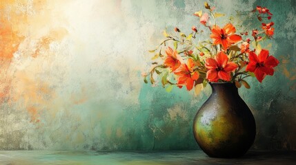 A captivating still life featuring a vase filled with vibrant red flowers, set against a textured background evoking a sense of tranquility, beauty, and the passage of time. The composition embodies t