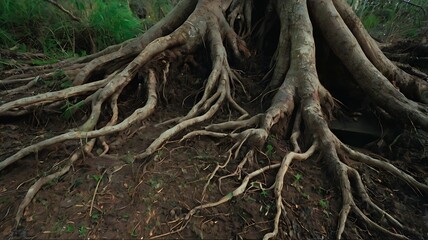 Fototapeta premium Ancient tree with gnarled roots, entwined with moss, stands tall in a sun-dappled forest, a testament to nature's enduring beauty