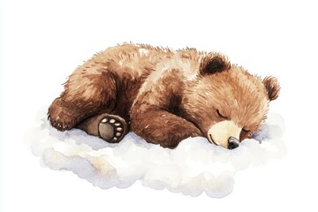 A charming watercolor illustration depicting a cute grizzly bear cub peacefully sleeping on a fluffy white cloud. This image evokes feelings of tranquility, innocence, and the beauty of nature.