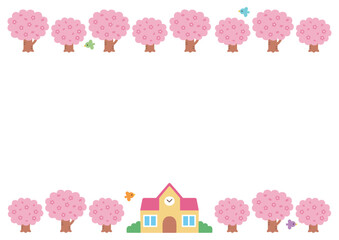 満開の桜と学校のフレーム
