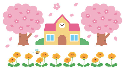 春の学校のイラスト