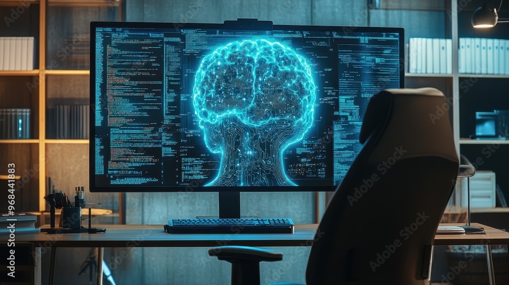 Aufkleber a computer monitor displays a brain with a blue background