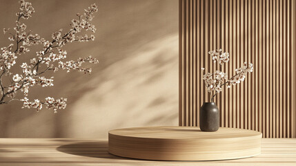 Wooden podium on a wood background with copy space for product presentation. Empty room with dark wooden. Wood pedestal podium. Fall product promotion Beauty cosmetics wooden display. 