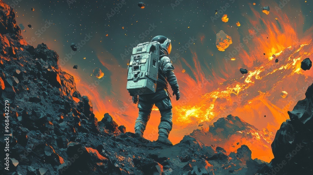 Poster a man in a spacesuit stands on a rocky surface with a volcano in the background