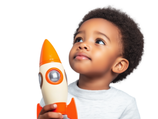African American Toddler Boy Holding a Toy Rocket Ship, Isolated on a Transparent Background