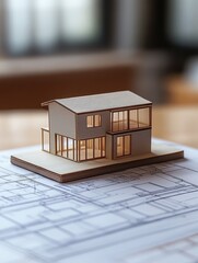 A model of a house is sitting on top of a blueprint