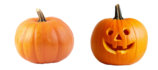 Two Images Of Pumpkins On a Transparent Background. One Is a Carved Jack-O'-Lantern, and the Other Has No Carving.