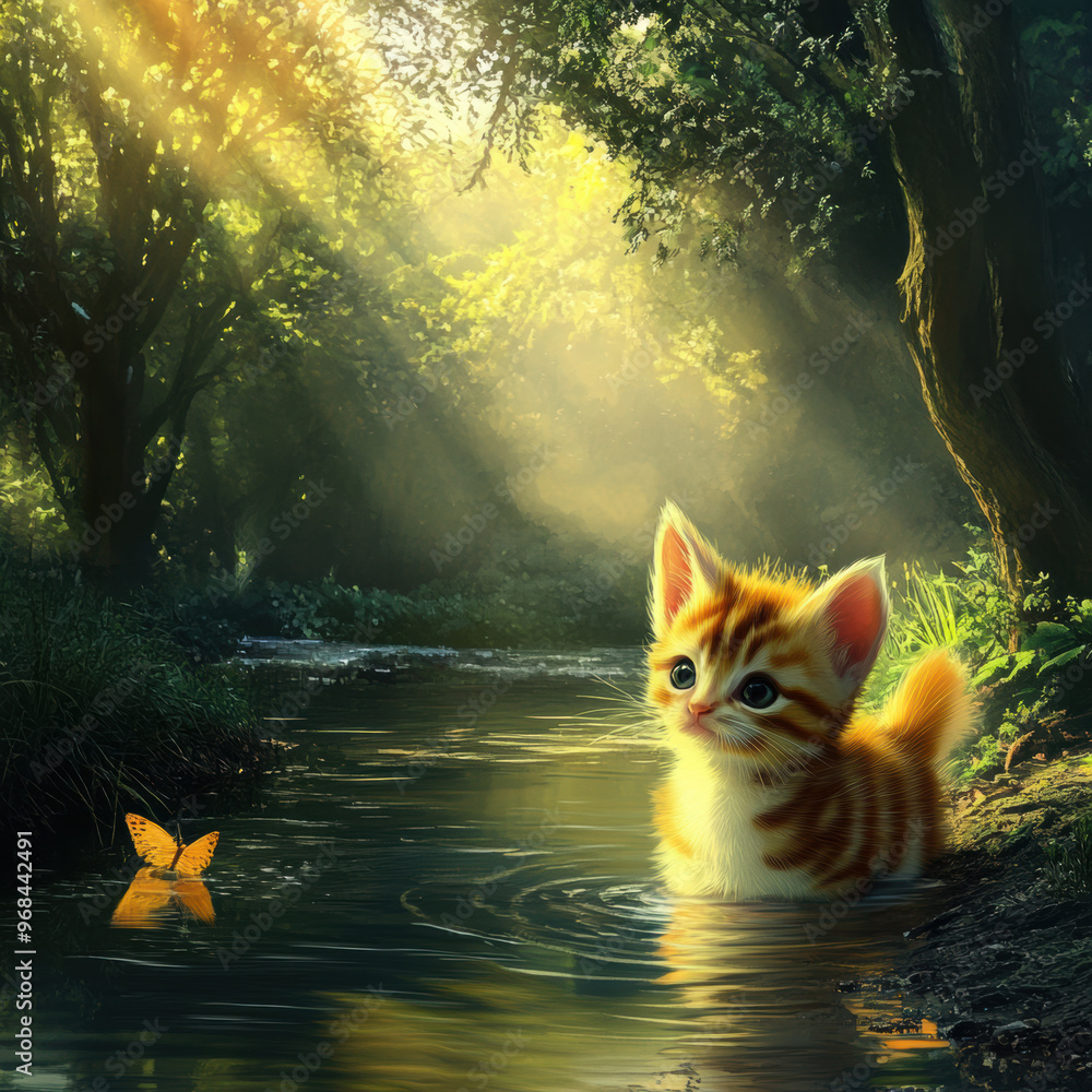 Poster A playful kitten with orange stripes stands in serene stream, surrounded by lush greenery and soft sunlight filtering through trees. scene captures moment of curiosity and wonder