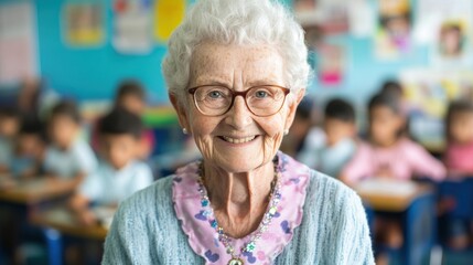 An elderly teacher beams with joy as she interacts with her students in a colorful classroom filled with eager learners