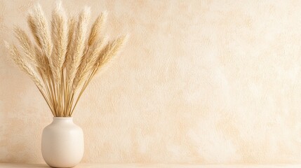 Beige Textured Wall with Dried Pampas Grass in a White Vase