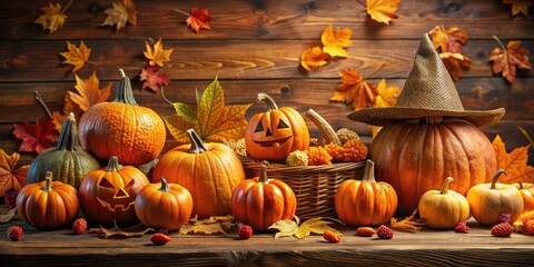 Fototapeta premium Autumn poster featuring pumpkins, hats, and Halloween attributes with copy space, Autumn, poster, pumpkins, hats, Halloween