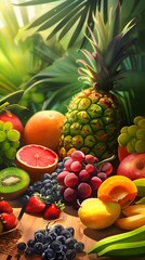 Sweet ripe fruits and berries on color background