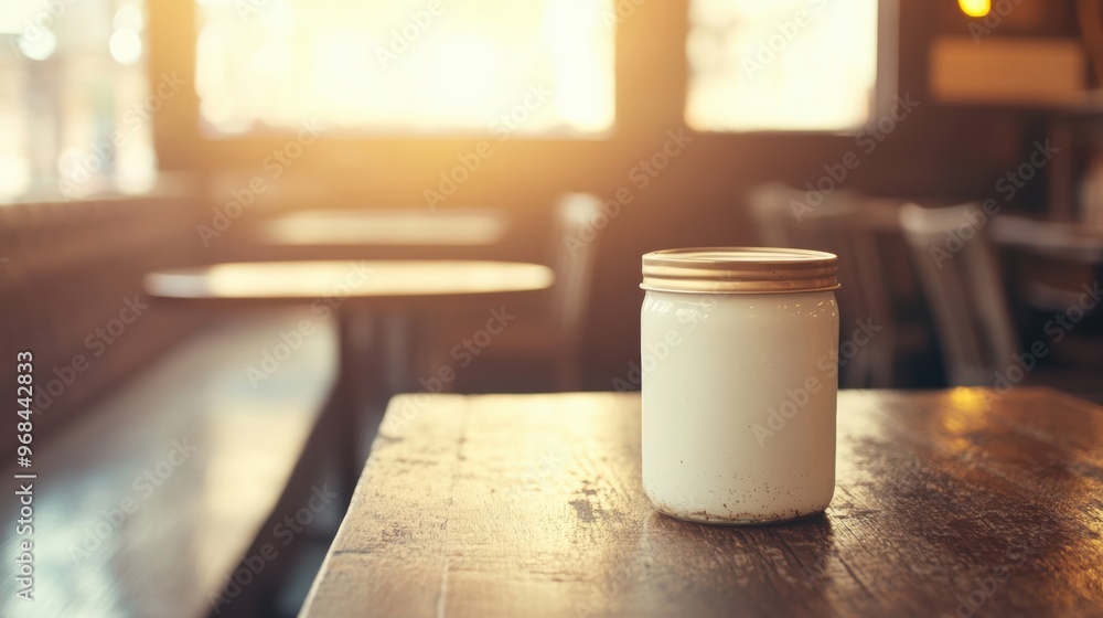 Poster sunlight filters into the cafe, illuminating an empty interior with a simple jar placed on a wooden 
