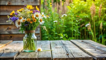 Obraz premium Weathered wooden table with a vase of wildflowers , weathered, wooden, table, vase, wildflowers, rustic, vintage, decor