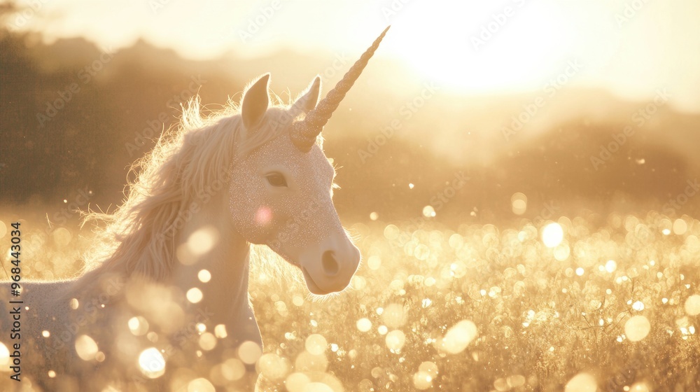 Poster a unicorn gracefully strolls through a golden field filled with sparkling light as the sun sets on t