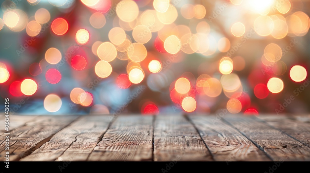 Poster a rustic wooden table is illuminated by soft, warm red bokeh lights, creating a festive atmosphere f